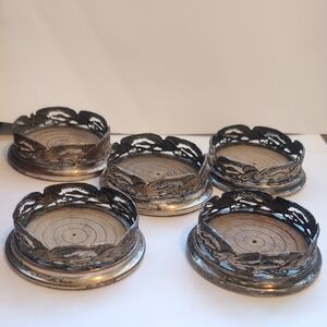 Antique Silver and Wood Coasters With Pheasants